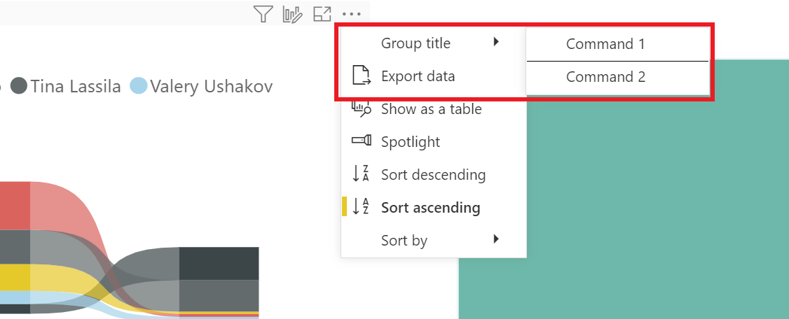 снимок экрана, на котором показан визуальный элемент Power BI с двумя командами, добавленными в новый подменю.