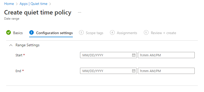 Снимок экрана: Microsoft Intune спокойное время — настройка политики диапазона дат