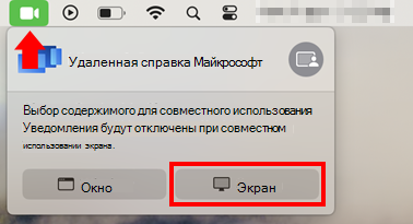 Снимок экрана: диалоговое окно совместного использования экрана macOS, в котором разрешен общий доступ к экрану для удаленной справки Майкрософт