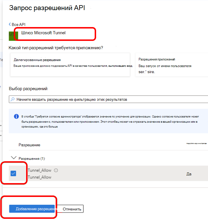 Настройка разрешений API для шлюза Microsoft Tunnel.