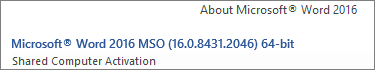 Снимок экрана: сведения об активации общего компьютера в разделе О Microsoft Word.