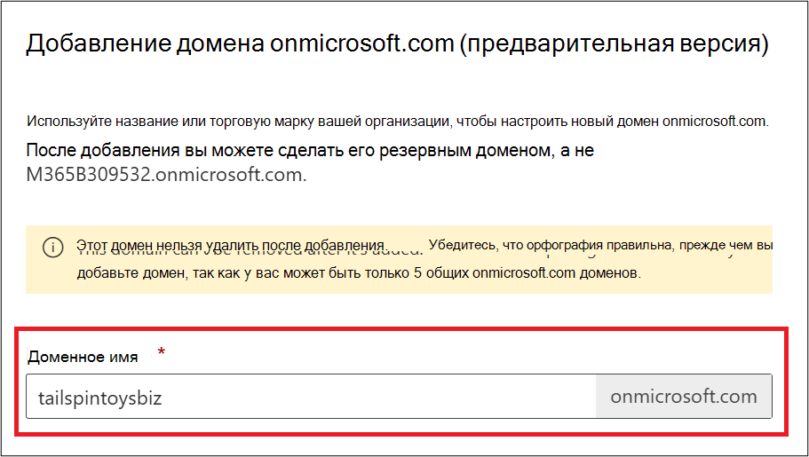 Снимок экрана: добавление домена onmicrosoft.