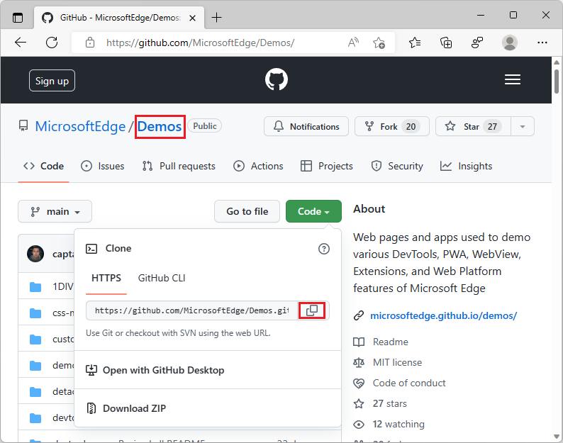 Клонирование репозитория MicrosoftEdge/Demos