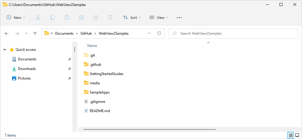 проводник с каталогом для клонированного репозитория WebView2Samples