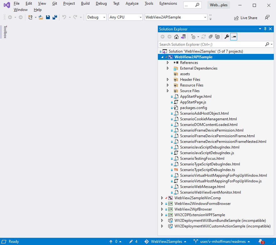 Проект WebView2APISample в Обозреватель решений