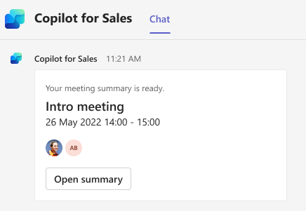 Снимок экрана, показывающий карточку сводки встречи Copilot for Sales.
