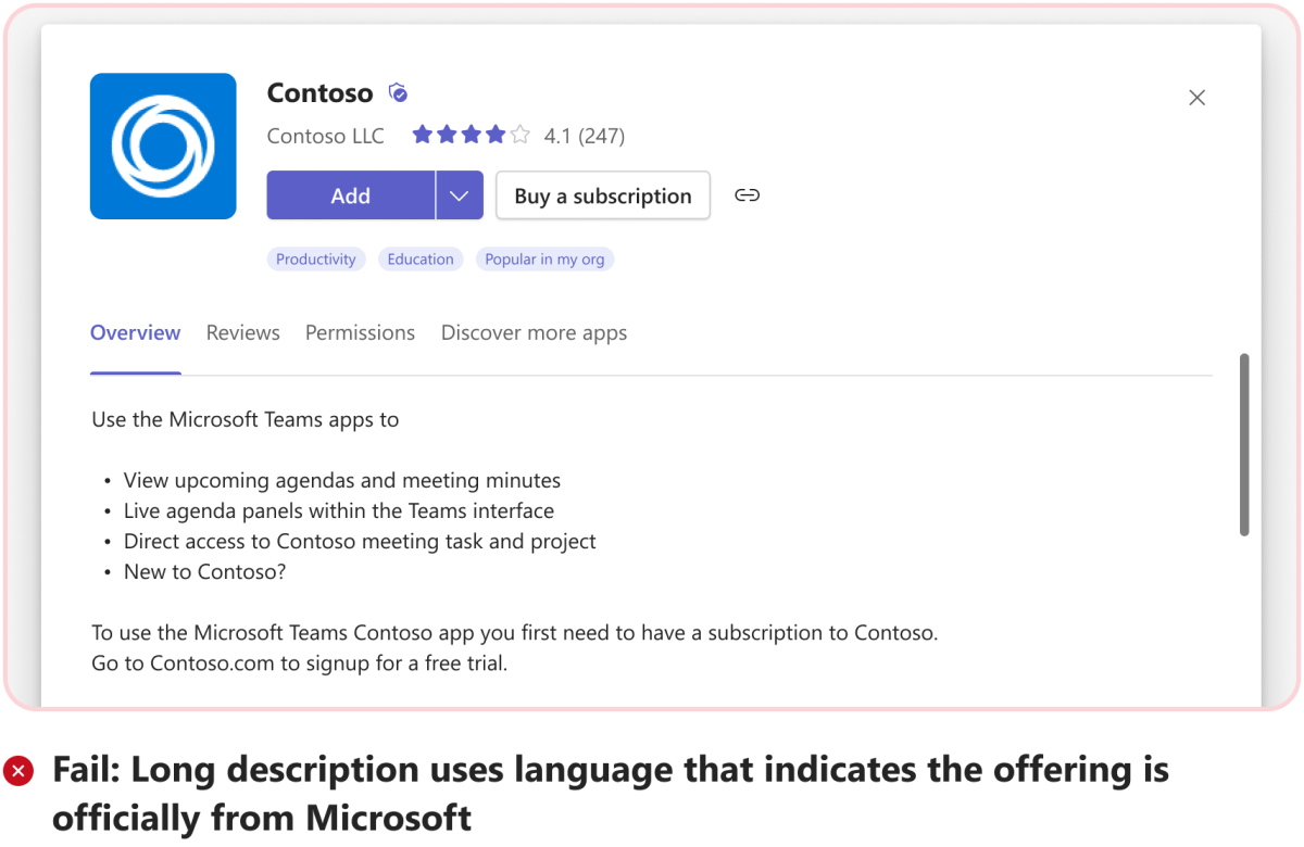 На рисунке показан пример того, как не указывать предложение Майкрософт в описании приложения.