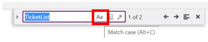 Значок уточнения регистра соответствия в элементе управления Find and Replace