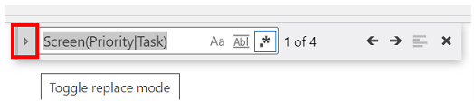 Значок режима переключения замены в левой части элемента управления Find and Replace перед областями ввода текста.