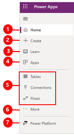 Левая панель навигации Power Apps.