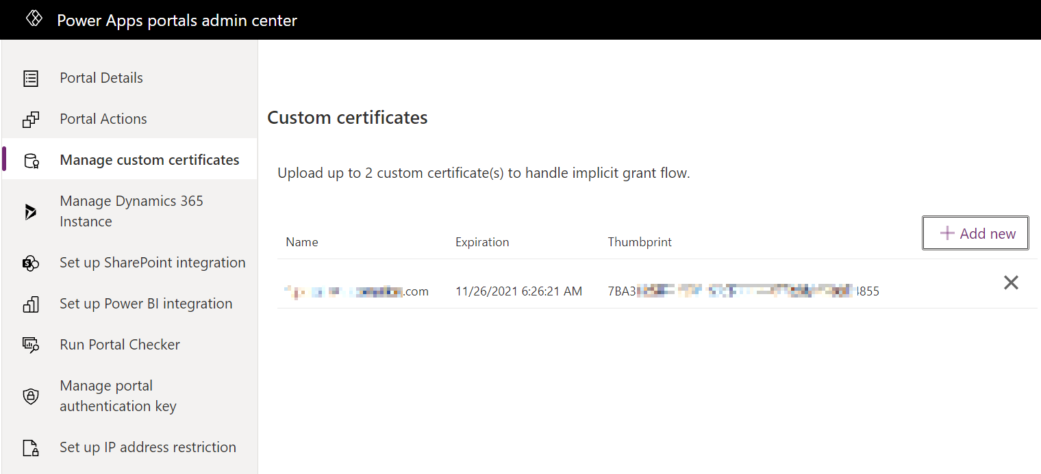 Вкладка управления настраиваемыми сертификатами в центре администрирования порталов Power Apps.