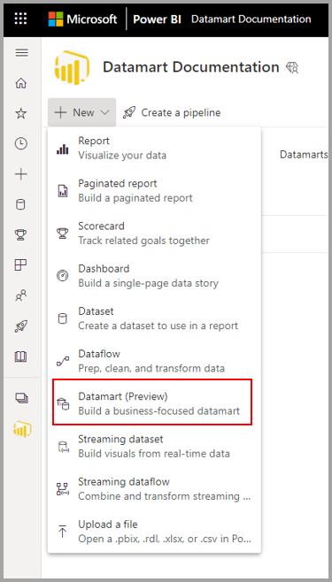 Снимок экрана: создание объекта datamart.