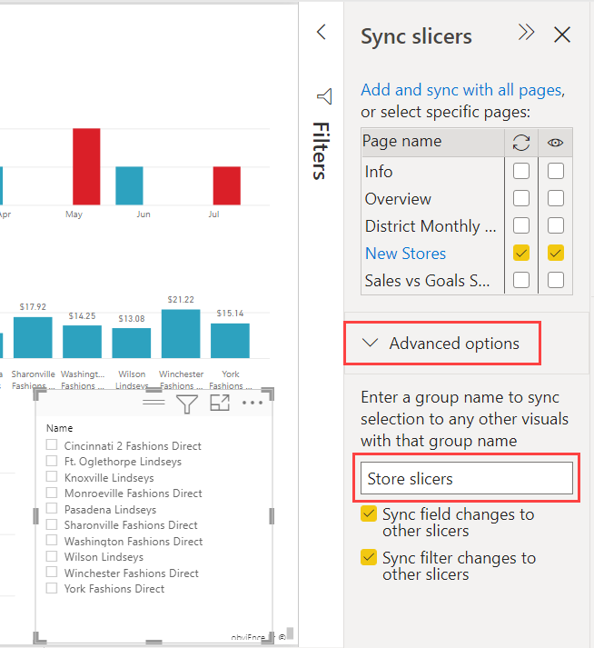 Screenshot of entering a group name in the Advanced section of the Sync slicers pane.