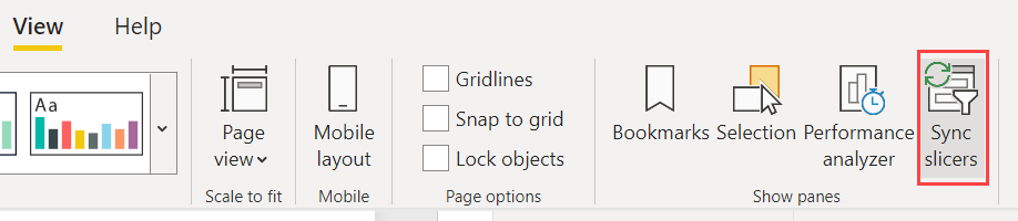 Screenshot of Sync slicers selection in Power BI Desktop.