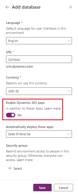 Выберите Включить приложения Dynamics 365.