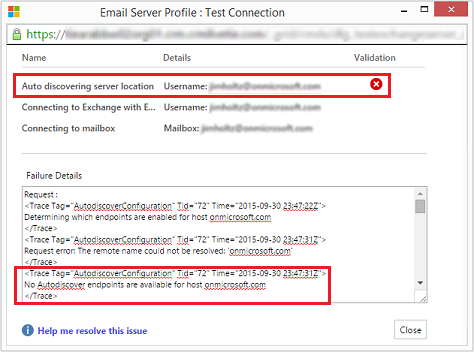 Снимок экрана диалогового окна «Тестировать подключение» с проблемой с «Автообнаружение расположения сервера» и сведениями об ошибке в поле «Сведения об ошибке».
