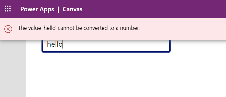 значение не отображается, и отображается баннер ошибки из-за невозможности преобразовать «hello» в число