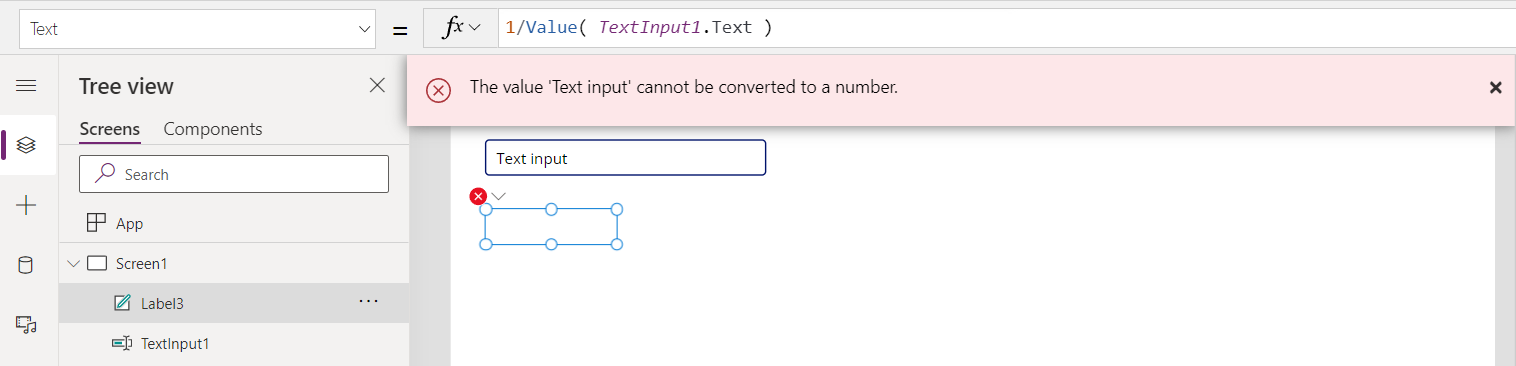 Отображается баннер ошибки с сообщением «значение невозможно преобразовать в число» для элемента управления вводом текста, содержащего «Ввод текста»