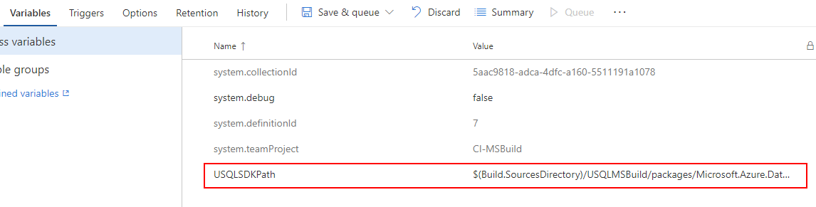 Определение переменных MSBuild CI/CD для проекта базы данных U-SQL