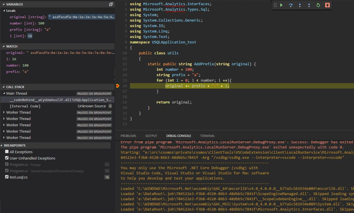 Результат локальной отладки в средствах Data Lake для Visual Studio Code