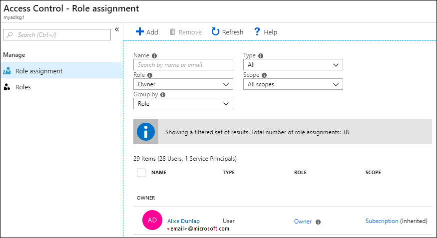 Назначение группы безопасности учетной записи Azure Data Lake Storage 1-го