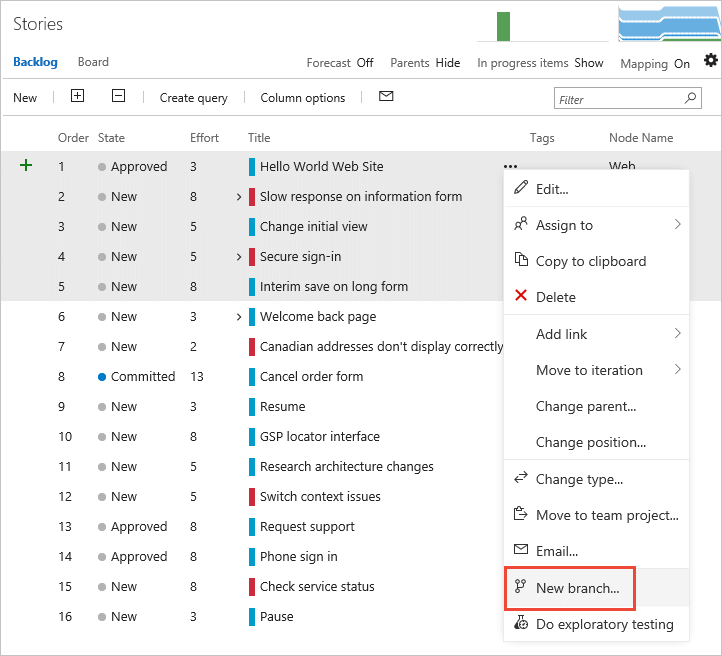 Screenshot of select multiple items from backlog, Create branch link.