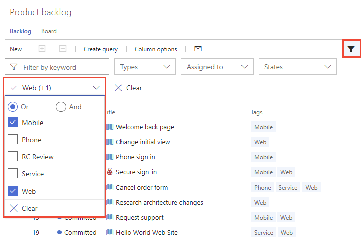 Screenshot of filtering board based on tags, TFS 2018. 