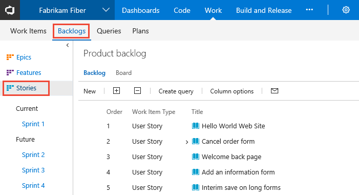 Screenshot of Web portal, choose Boards and then Backlogs, TFS 2018.