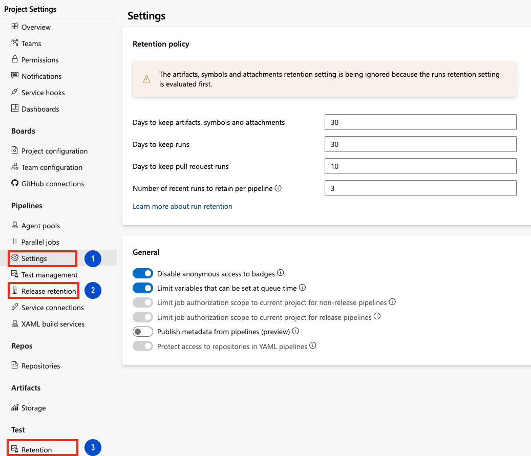 Project settings retention policies