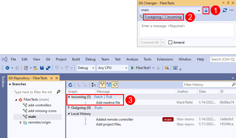 Screenshot of the Fetch, Pull, Push and Sync buttons in the 'Git Changes' window of Visual Studio.