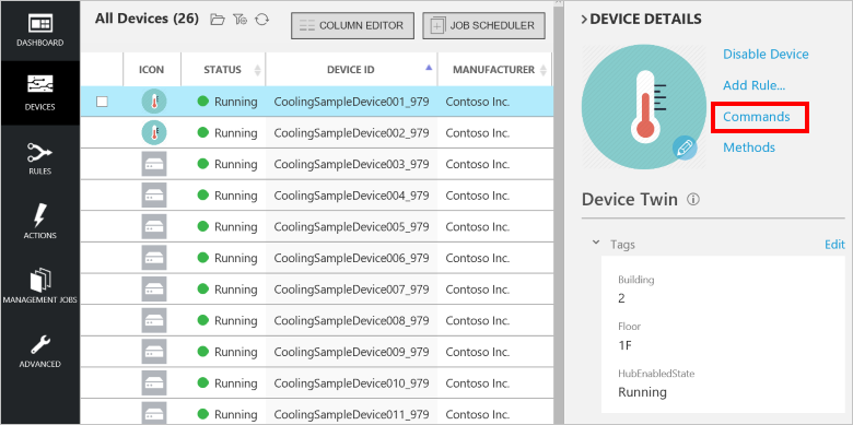 Device commands in dashboard