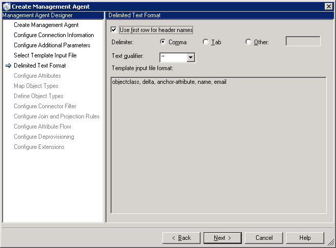 The Configure Delimited Text Format page