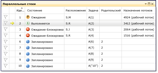 Окно параллельных стеков с задачами в четырех состояниях