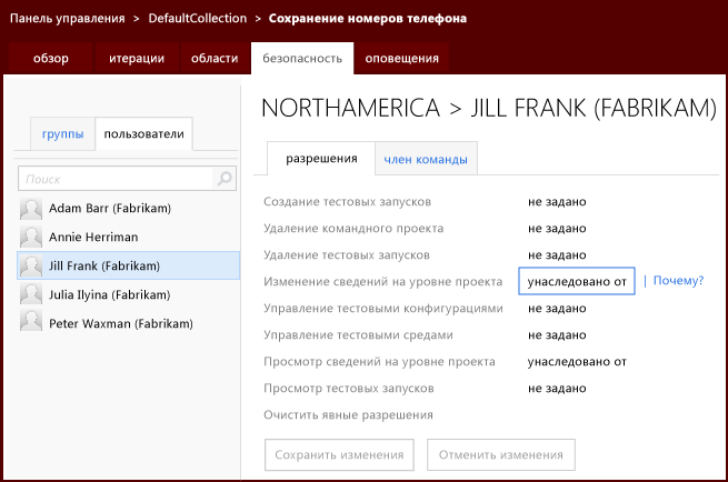 Разрешения в Team Web Access