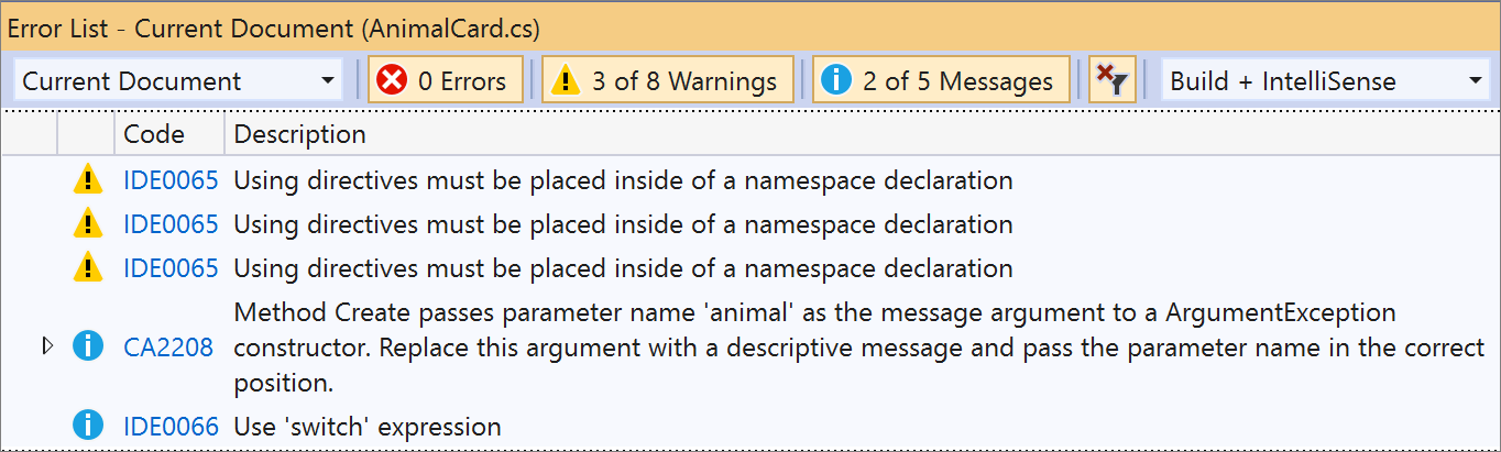 Analyzer violation in Error List window