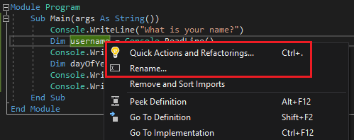 Screenshot of the Refactoring menu in Visual Studio.