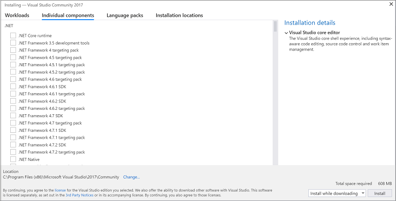 Screenshot showing the Individual components tab of the Visual Studio Installer.