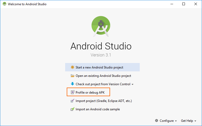 Запуск профилировщика с экрана запуска Android Studio