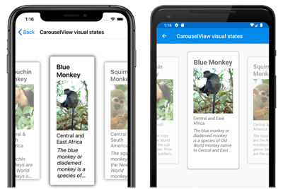 Снимок экрана: CarouselView с визуальными состояниями в iOS и Android