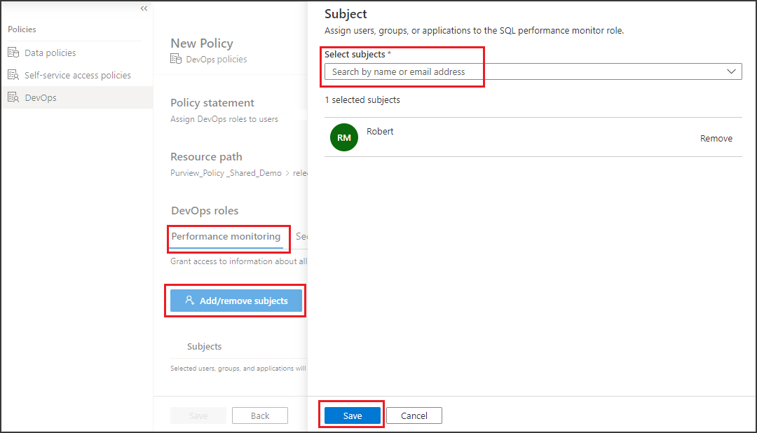 Screenshot that shows the selection of roles and subjects for a policy.