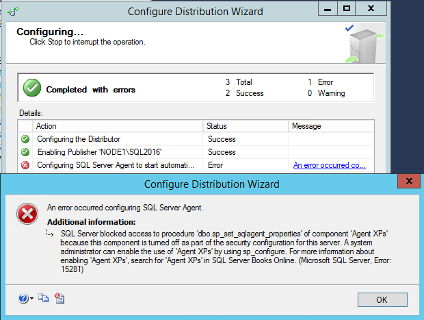 Сообщение об ошибке настройки агента SQL Server