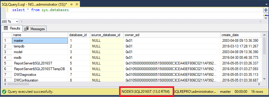 Имя экземпляра SQL Server в окне запросов