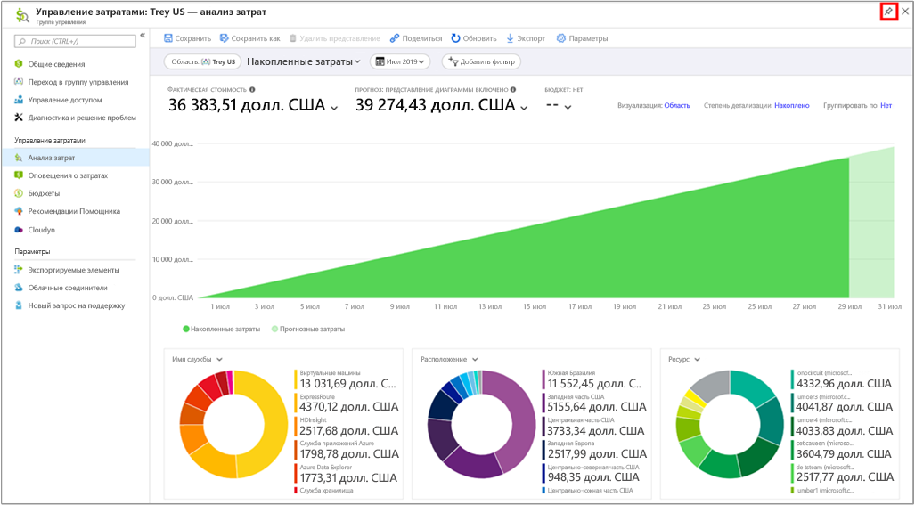 Screenshot of the Cost Analysis view with a callout highlighting the pin icon in the upper right-hand corner to pin to the dashboard.