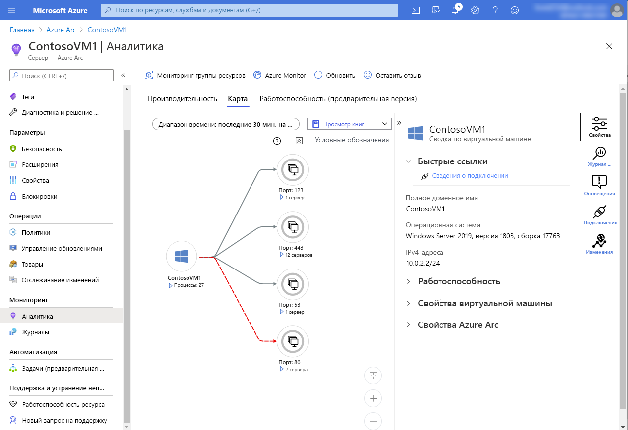 Screenshot that depicts the Map tab on the Insights page for a VM in Azure. ContosoVM1 is displayed with details of open TCP ports. A VM summary is also displayed, detailing the VM's operating system, IP address, and links for Health, Machine properties, and Azure VM properties. Three buttons are displayed for access to Properties (selected), Log Events, Alerts, and Connections.