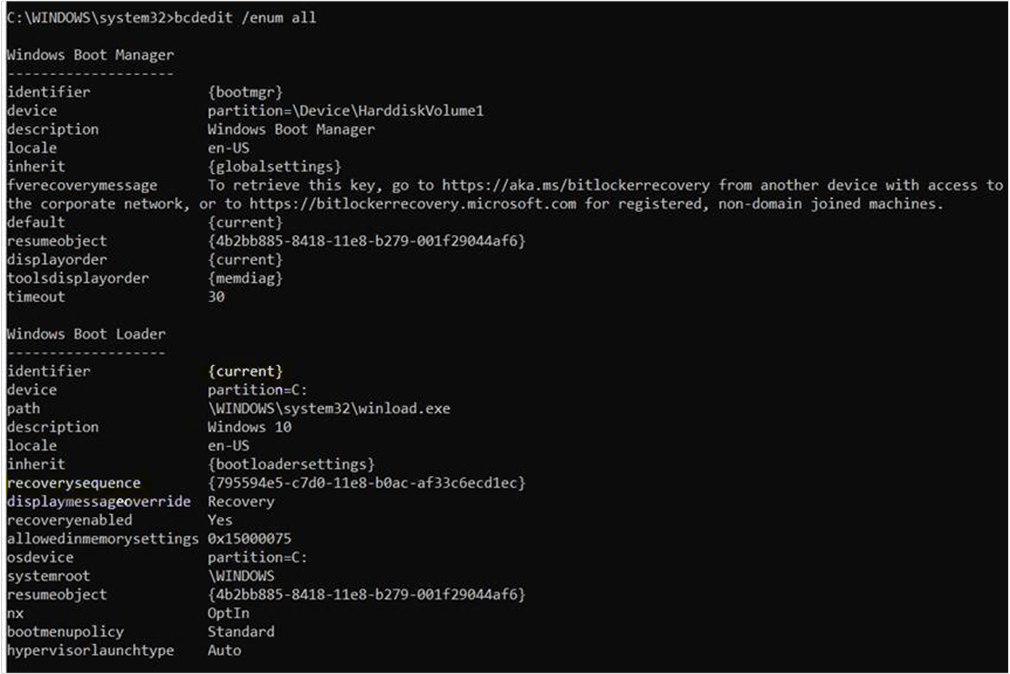 Снимок экрана: выходные данные команды bcdedit /enum all.