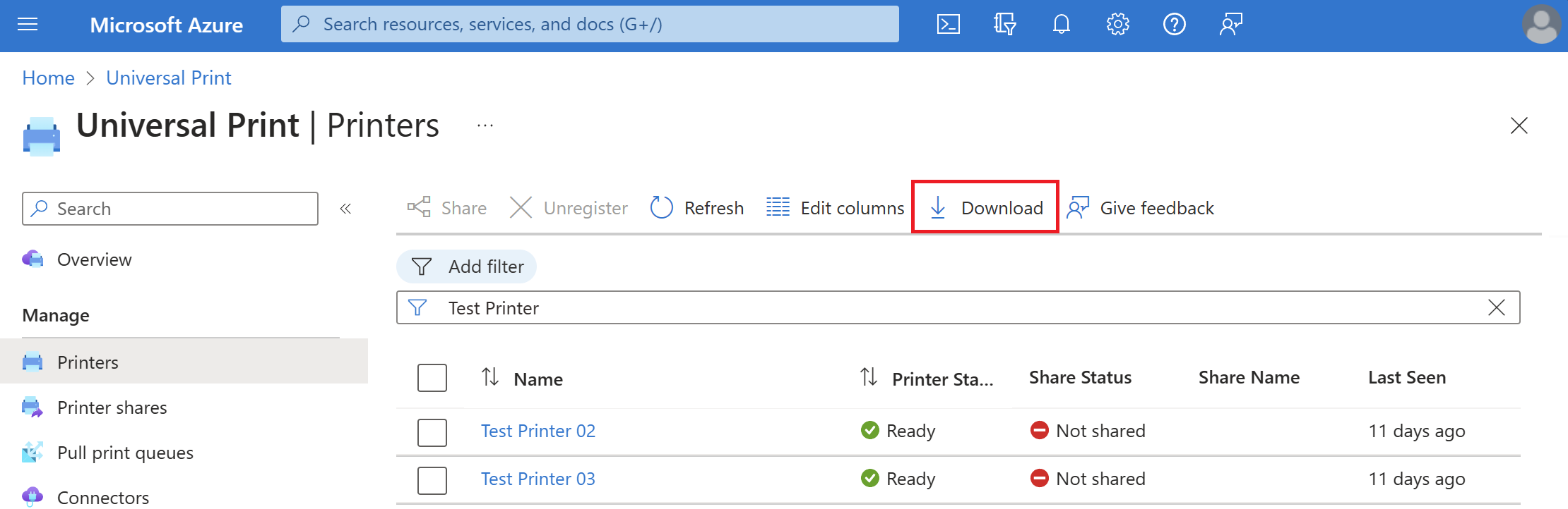 Снимок экрана: кнопка загрузки CSV на портале Azure