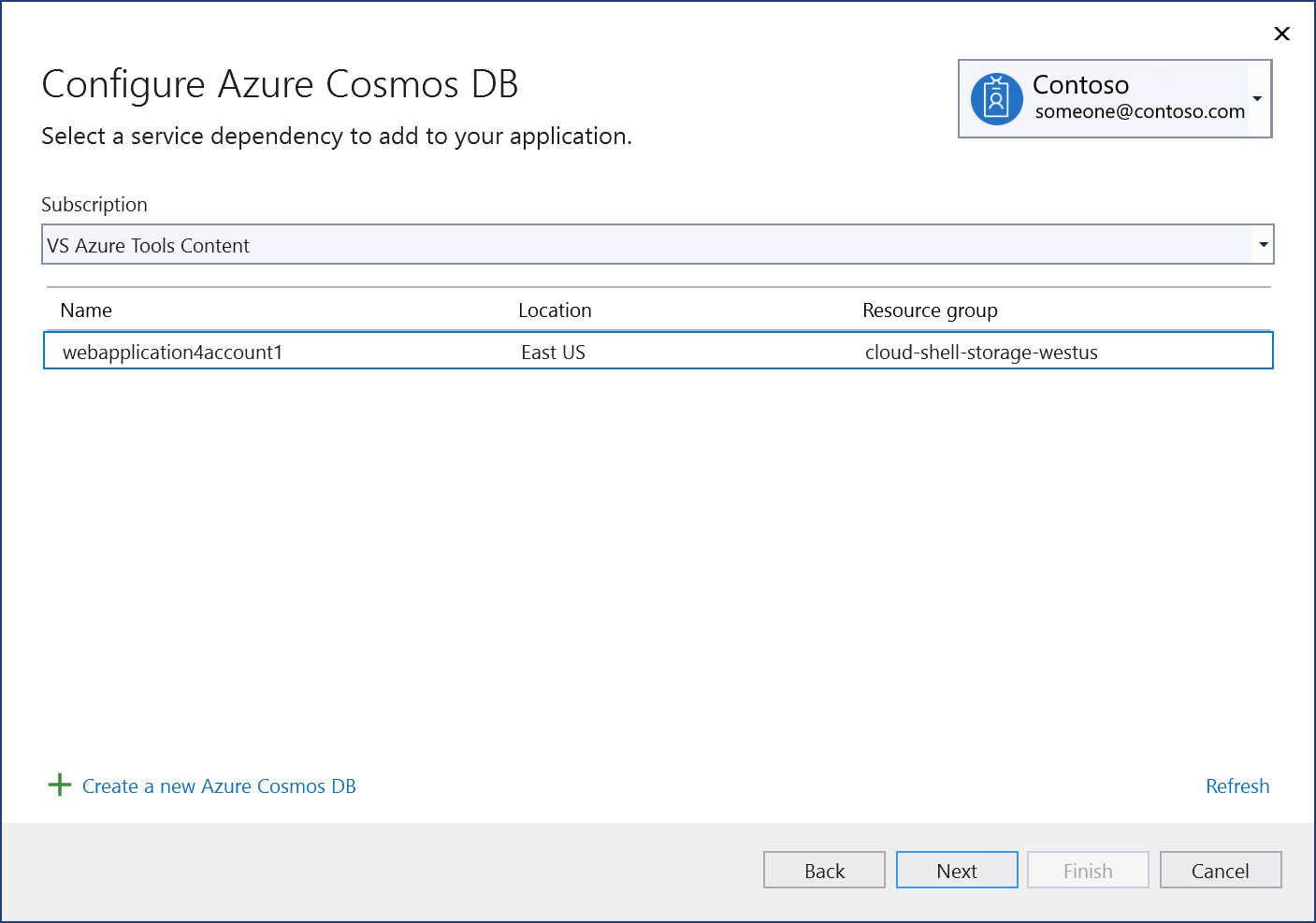 Снимок экрана: добавление существующей базы данных Azure Cosmos DB в проект.