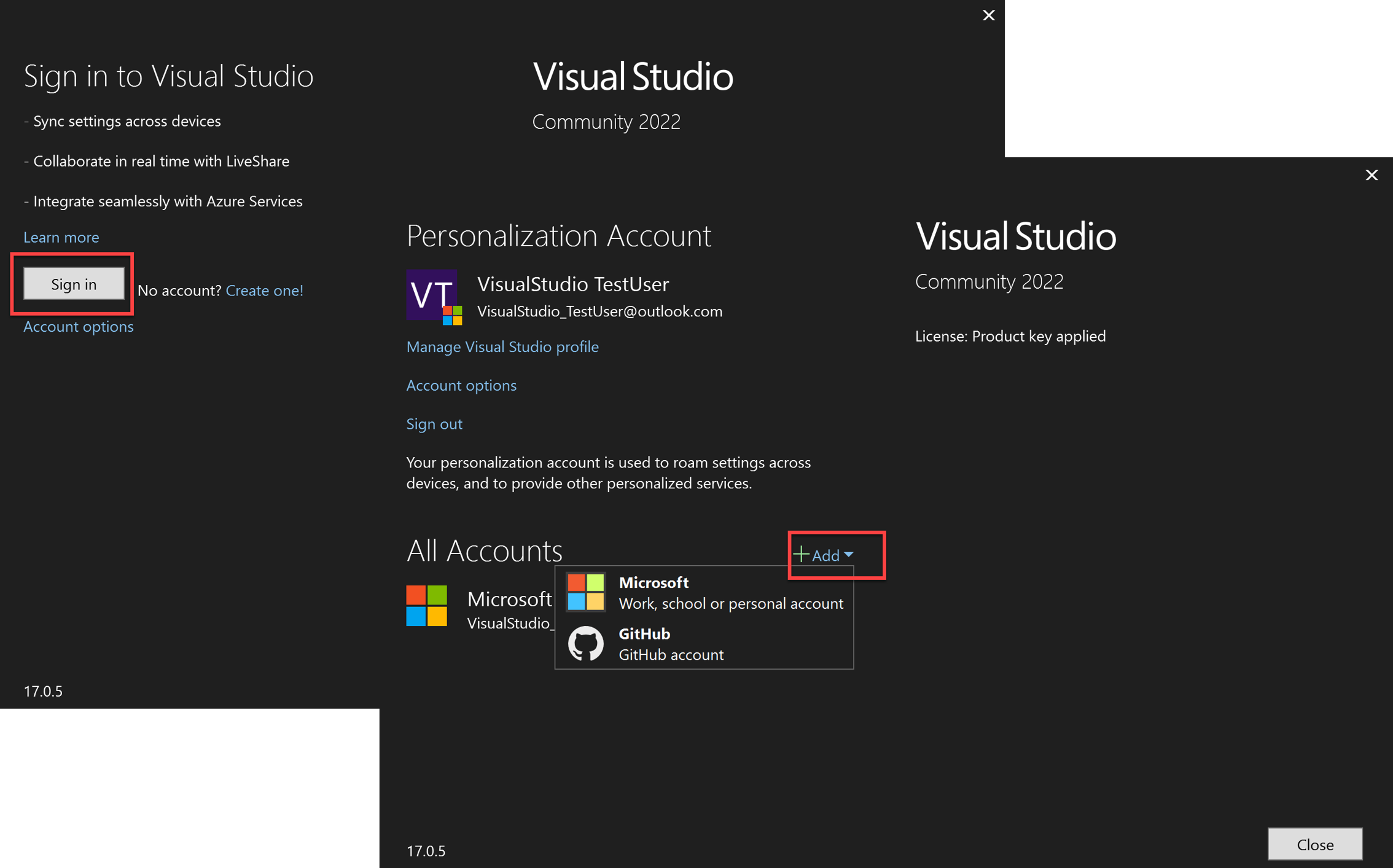 Добавьте в Visual Studio новую учетную запись персонализации.