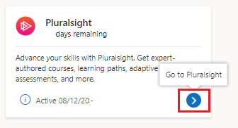 Снимок экрана: плитка преимущества Pluralsight в Подписке на Visual Studio после активации.