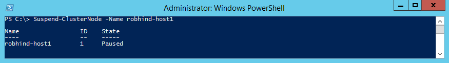 Screencap showing the output of the Suspend-ClusterNode cmdlet